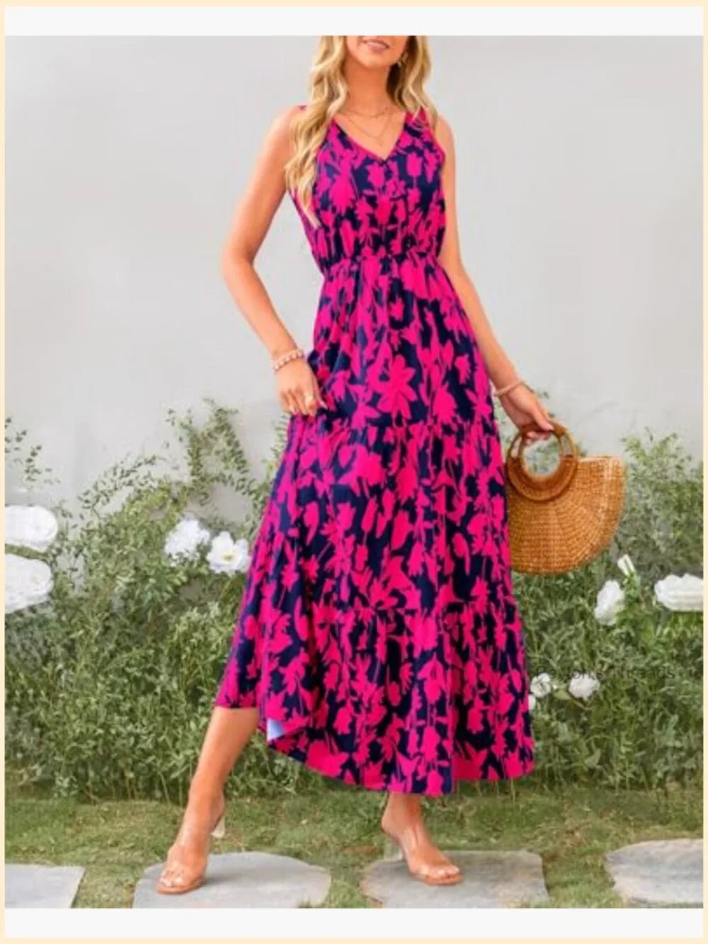 Women's Sleeveless Floral Maxi Dress with V Neck & High Waist - Picture 5 of 7